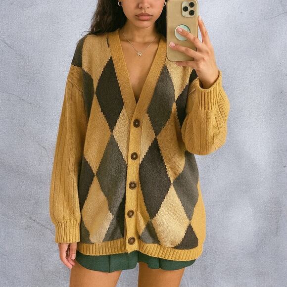 Vintage 90s Lizsport Tan Gray Argyle Knit Cotton Cardigan Sweater Large - Picture 1 of 9